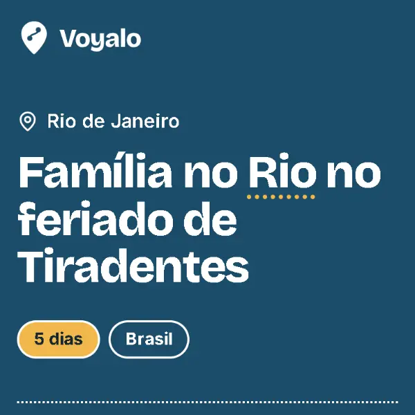 Captura de uma página do Voyalo+: capa azul da viagem inventada “Família no Rio no feriado de Tiradentes”, com o destino, as datas e quem vai.